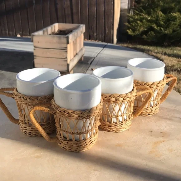 Vintage wicker mug set of 4 boho chic ceramic mug in wicker with handles - Picture 2 of 5